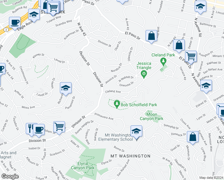 map of restaurants, bars, coffee shops, grocery stores, and more near 4537 Cleland Avenue in Los Angeles