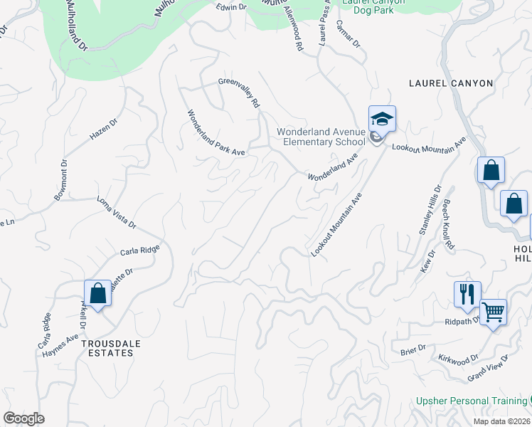 map of restaurants, bars, coffee shops, grocery stores, and more near 8804 Wonderland Avenue in Los Angeles
