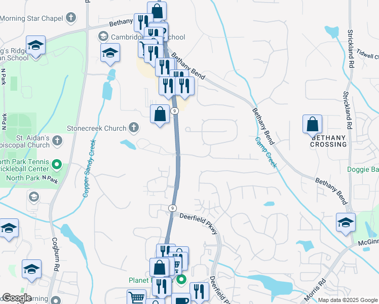 map of restaurants, bars, coffee shops, grocery stores, and more near 13545 Georgia 9 in Alpharetta