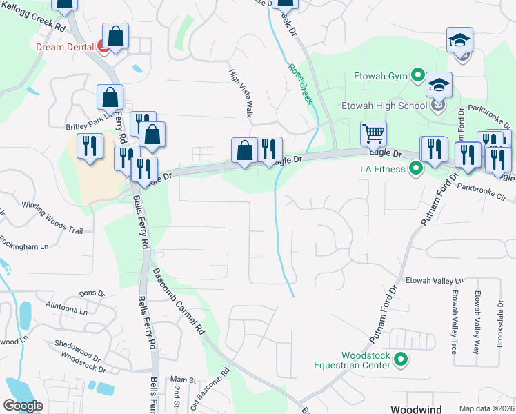 map of restaurants, bars, coffee shops, grocery stores, and more near 1031 Atherton Lane in Woodstock