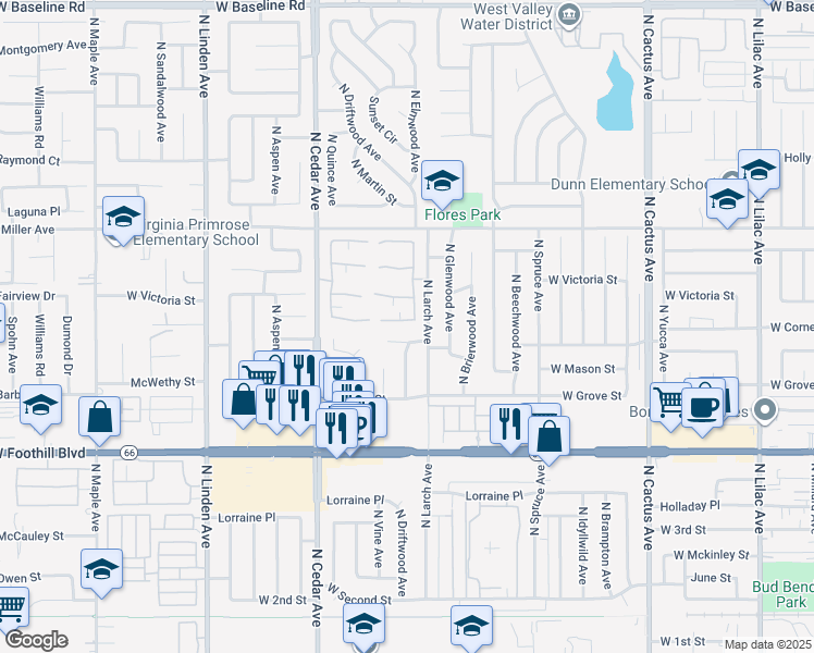 map of restaurants, bars, coffee shops, grocery stores, and more near 1119 West Cornell Street in Rialto