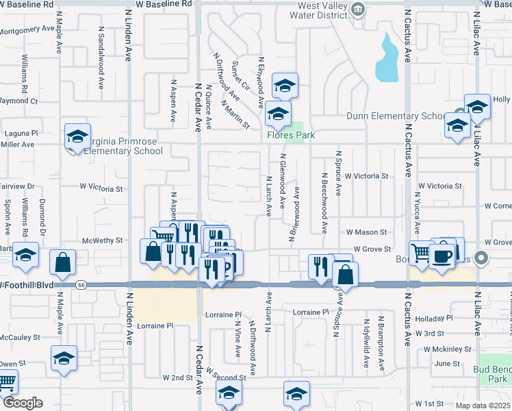 map of restaurants, bars, coffee shops, grocery stores, and more near 1119 West Cornell Street in Rialto