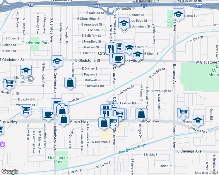 map of restaurants, bars, coffee shops, grocery stores, and more near 18458 East Renwick Road in Azusa