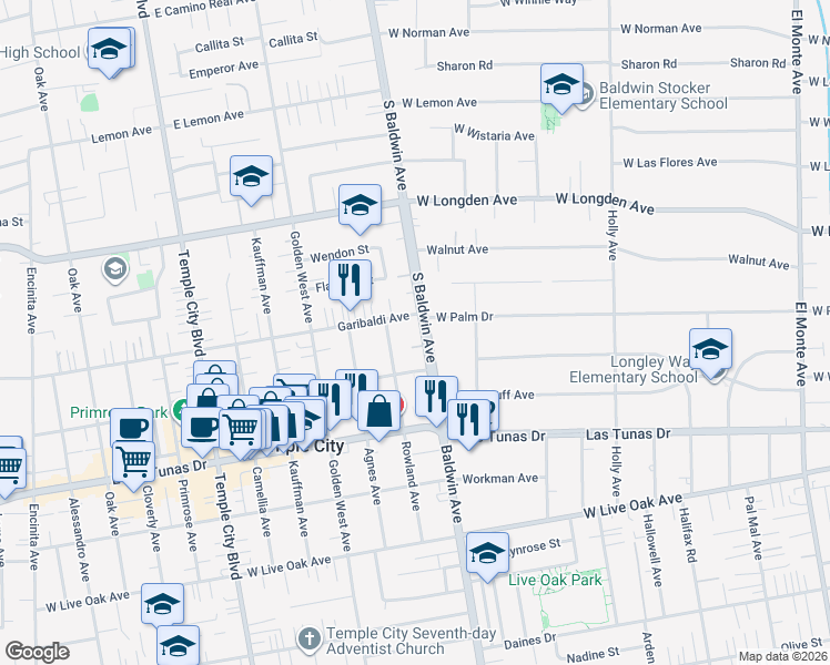map of restaurants, bars, coffee shops, grocery stores, and more near in Arcadia