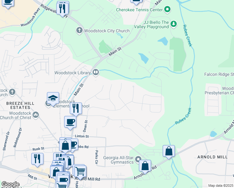 map of restaurants, bars, coffee shops, grocery stores, and more near 621 Oakbourne Way in Woodstock