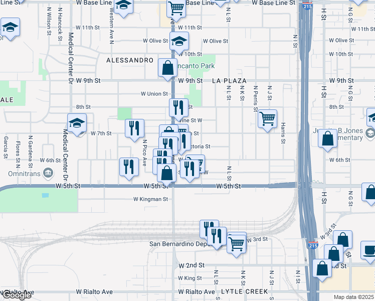 map of restaurants, bars, coffee shops, grocery stores, and more near 1253 West Victoria Street in San Bernardino
