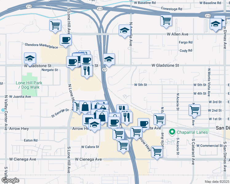 map of restaurants, bars, coffee shops, grocery stores, and more near 762 Highland Place in San Dimas