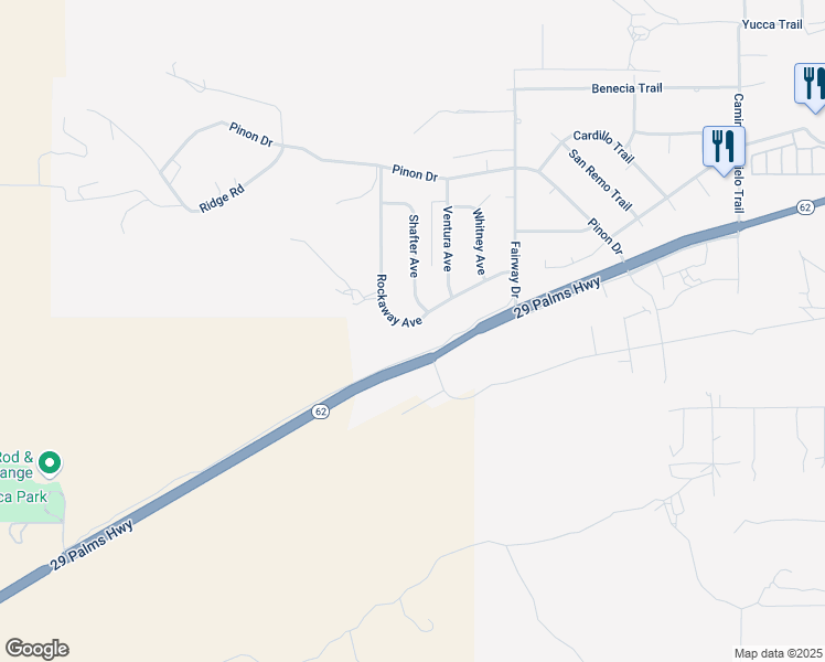 map of restaurants, bars, coffee shops, grocery stores, and more near 7621 Rockaway Avenue in Yucca Valley