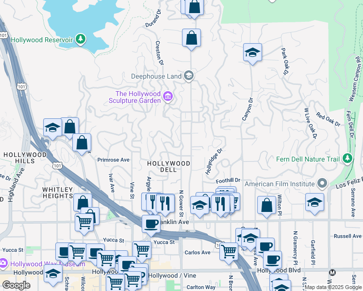 map of restaurants, bars, coffee shops, grocery stores, and more near 6147 Temple Hill Drive in Los Angeles