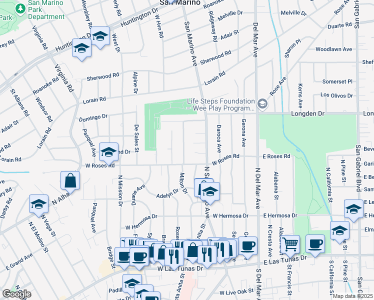 map of restaurants, bars, coffee shops, grocery stores, and more near 407 San Marino Oaks in San Gabriel