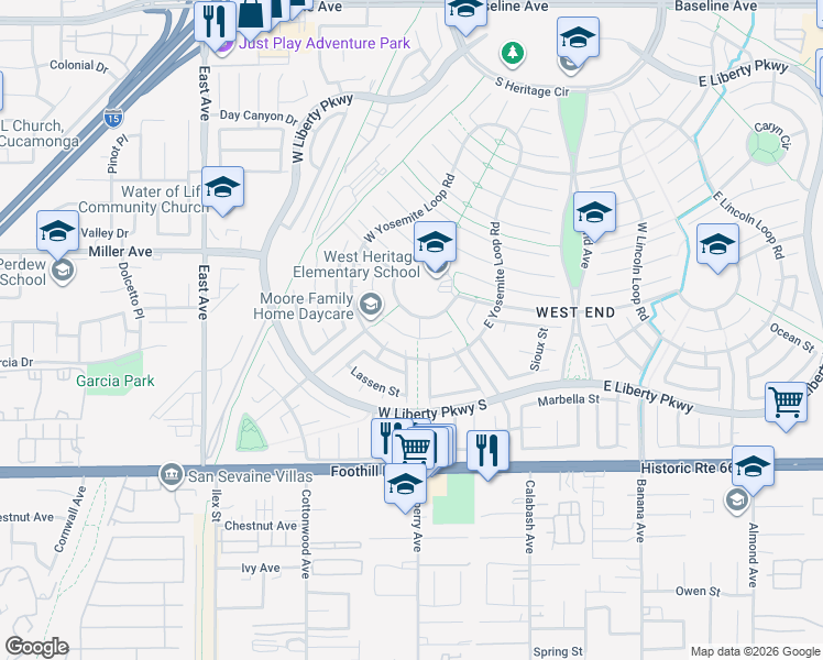 map of restaurants, bars, coffee shops, grocery stores, and more near 13632 Kings Canyon Court in Fontana