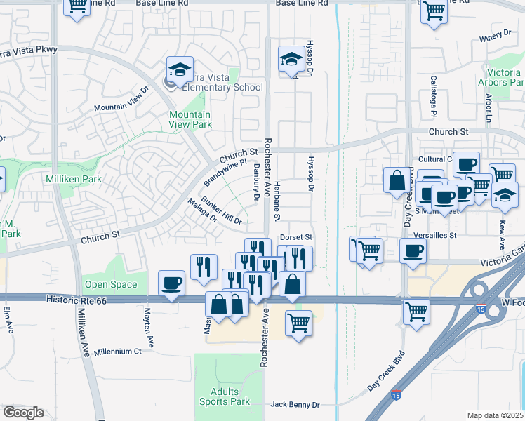 map of restaurants, bars, coffee shops, grocery stores, and more near 11875 Cedarbrook Place in Rancho Cucamonga