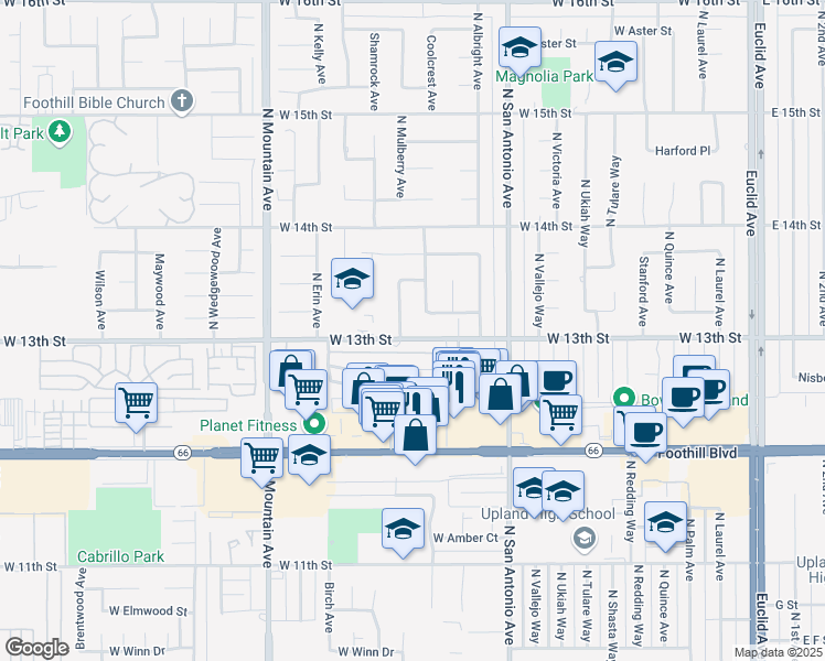 map of restaurants, bars, coffee shops, grocery stores, and more near 955 West 13th Street in Upland