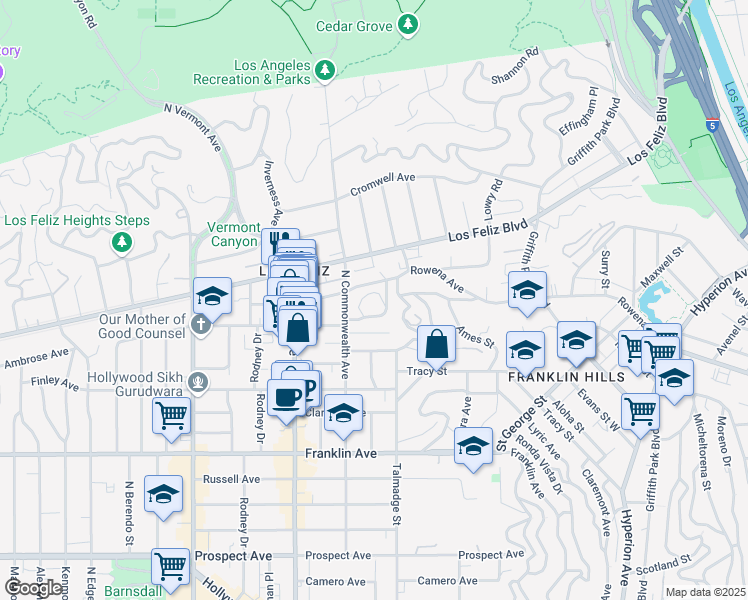 map of restaurants, bars, coffee shops, grocery stores, and more near 4320 Cedarhurst Circle in Los Angeles