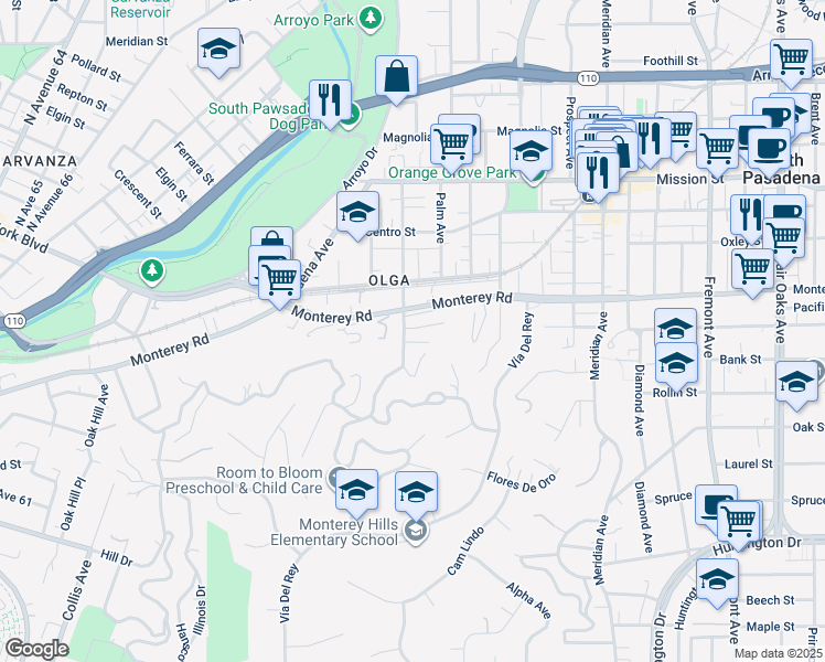 map of restaurants, bars, coffee shops, grocery stores, and more near 1204 Indiana Avenue in South Pasadena