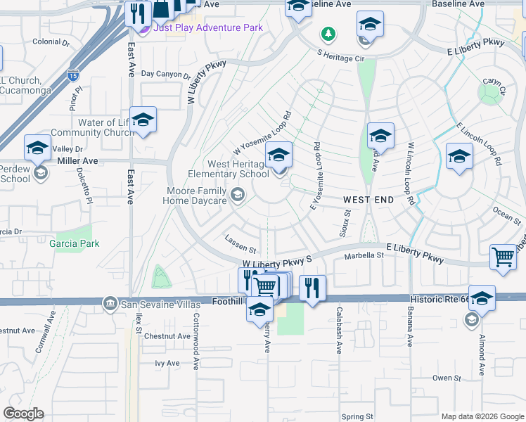 map of restaurants, bars, coffee shops, grocery stores, and more near 13632 Kings Canyon Court in Fontana