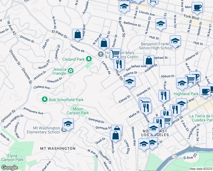 map of restaurants, bars, coffee shops, grocery stores, and more near 4911 Aldama Street in Los Angeles