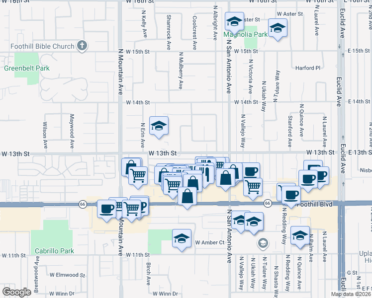 map of restaurants, bars, coffee shops, grocery stores, and more near 955 West 13th Street in Upland