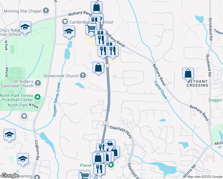 map of restaurants, bars, coffee shops, grocery stores, and more near 3050 Keyingham Way in Alpharetta