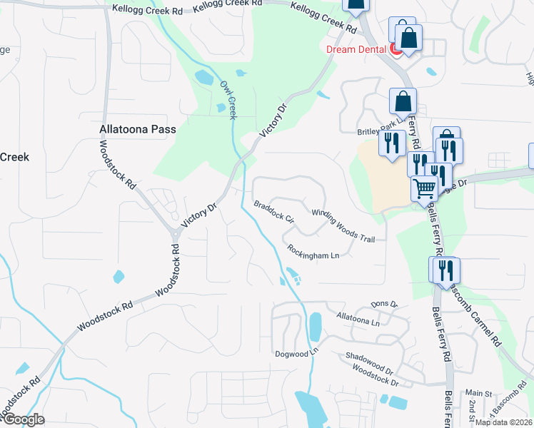 map of restaurants, bars, coffee shops, grocery stores, and more near 1025 Braddock Circle in Woodstock