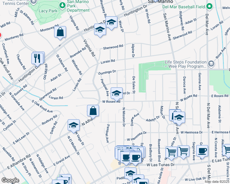 map of restaurants, bars, coffee shops, grocery stores, and more near 549 North Twin Palms Drive in San Gabriel