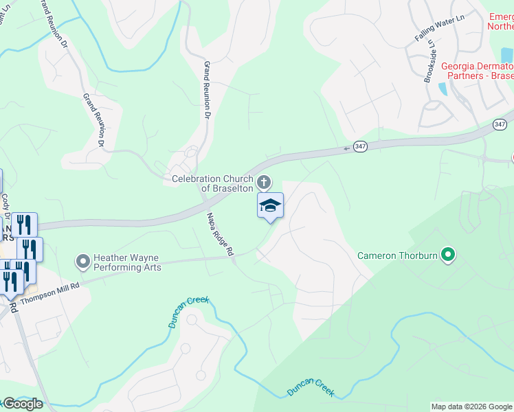 map of restaurants, bars, coffee shops, grocery stores, and more near 5560 Thompson Mill Road in Flowery Branch