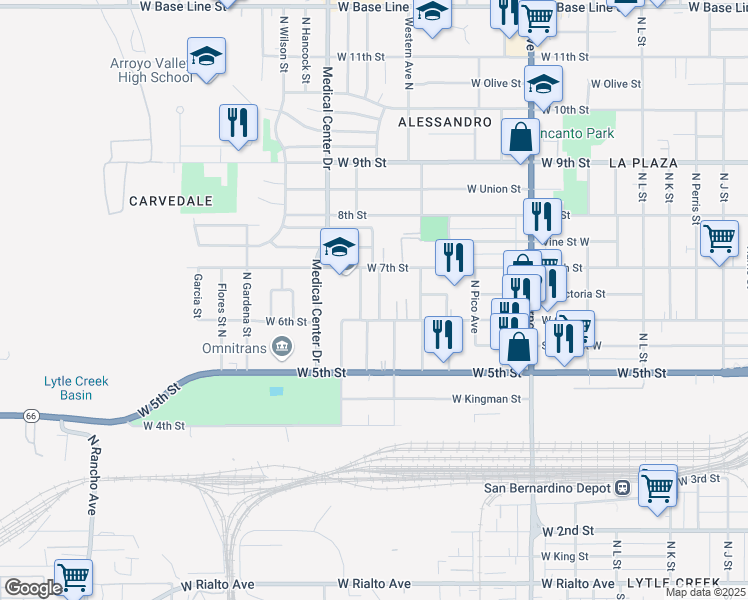 map of restaurants, bars, coffee shops, grocery stores, and more near 675 Ramona Avenue in San Bernardino