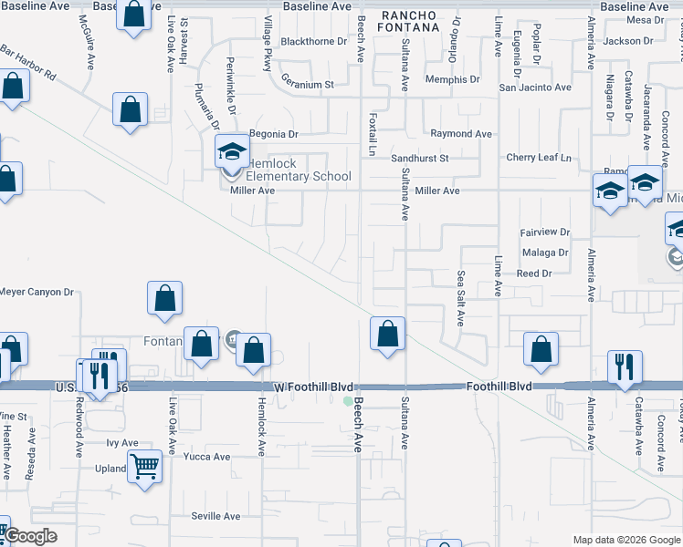 map of restaurants, bars, coffee shops, grocery stores, and more near 7836 Arosia Drive in Fontana