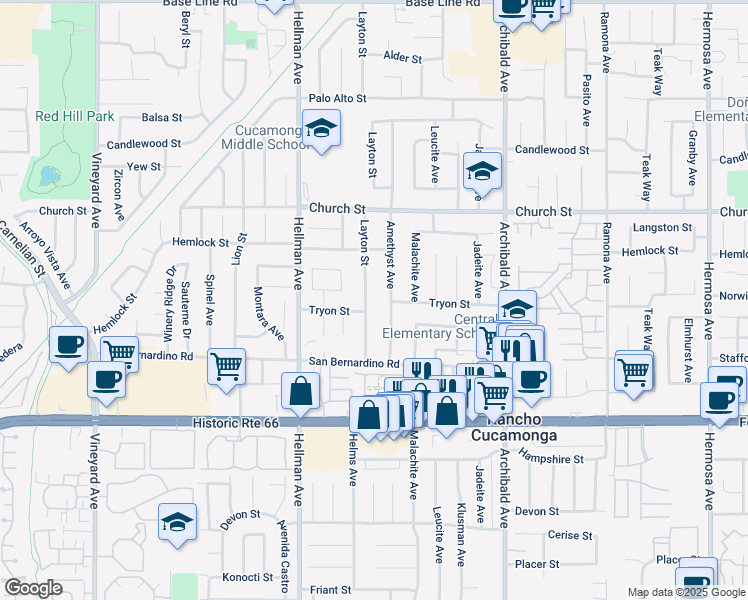 map of restaurants, bars, coffee shops, grocery stores, and more near 7850 Amethyst Avenue in Rancho Cucamonga