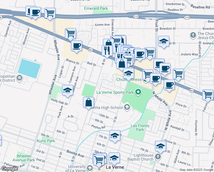 map of restaurants, bars, coffee shops, grocery stores, and more near 1916 Canopy Lane in La Verne