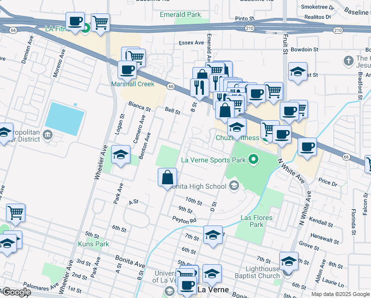 map of restaurants, bars, coffee shops, grocery stores, and more near 1916 Canopy Lane in La Verne