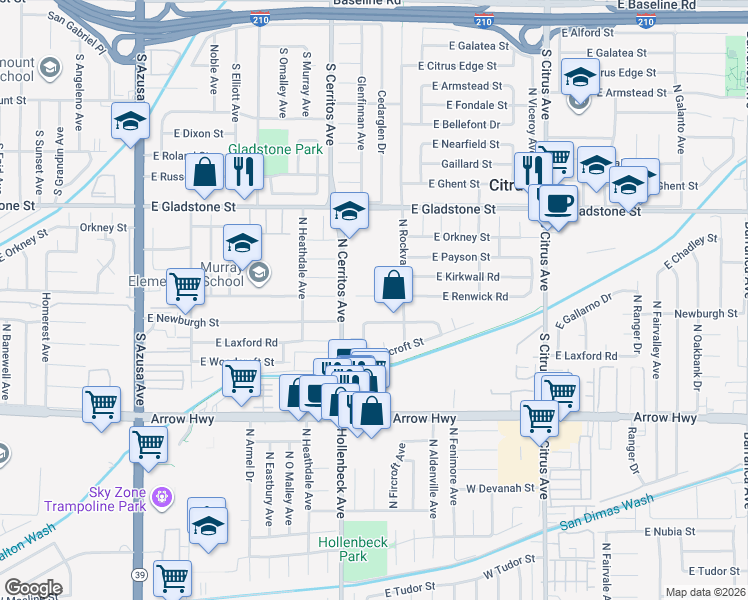 map of restaurants, bars, coffee shops, grocery stores, and more near 18133 East Renwick Road in Azusa