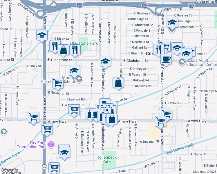 map of restaurants, bars, coffee shops, grocery stores, and more near 5500 North Cerritos Avenue in Azusa