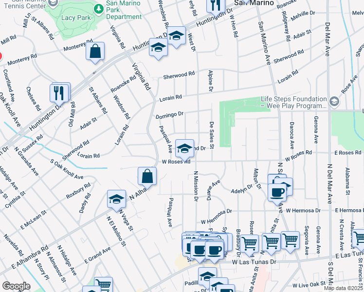 map of restaurants, bars, coffee shops, grocery stores, and more near 549 North Twin Palms Drive in San Gabriel