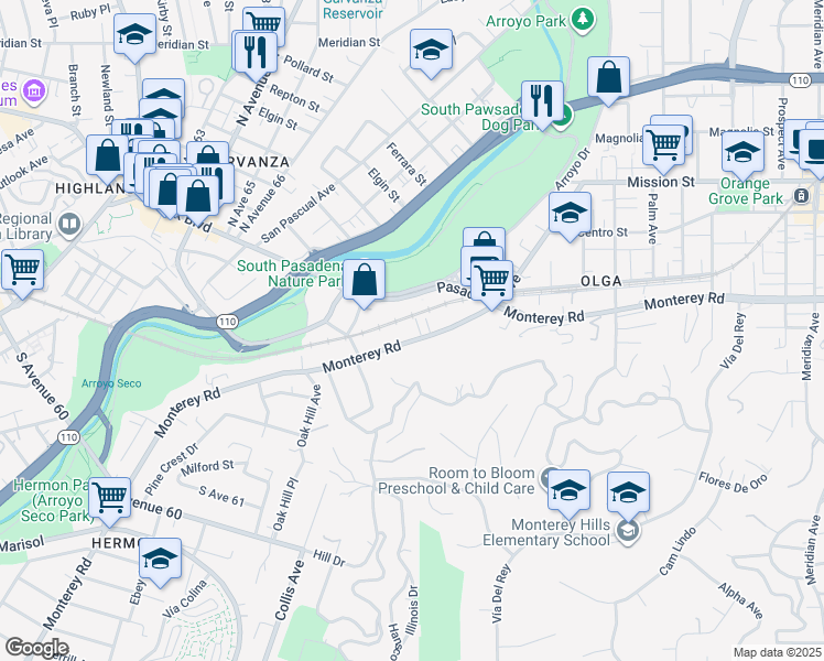 map of restaurants, bars, coffee shops, grocery stores, and more near 143 Pasadena Avenue in South Pasadena