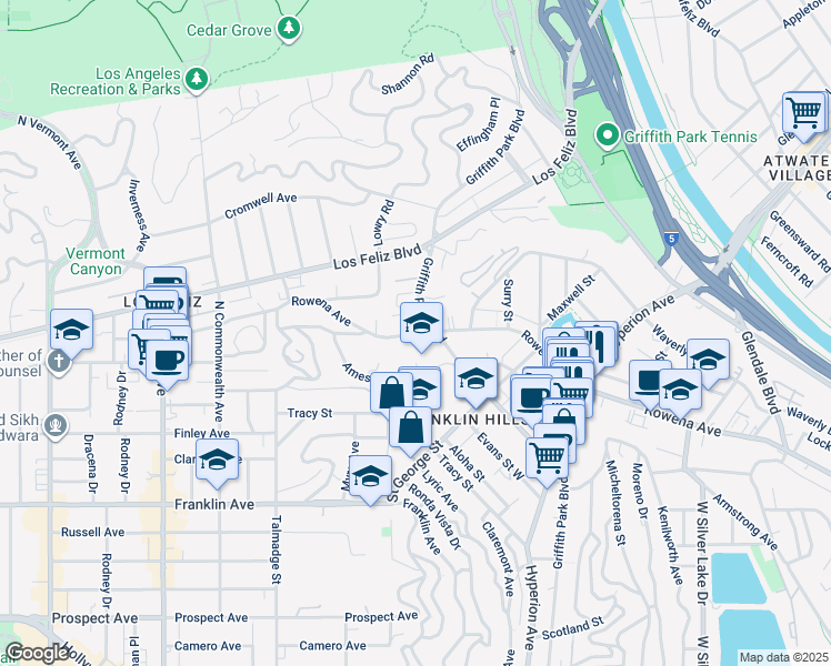 map of restaurants, bars, coffee shops, grocery stores, and more near 3355 Wood Terrace in Los Angeles