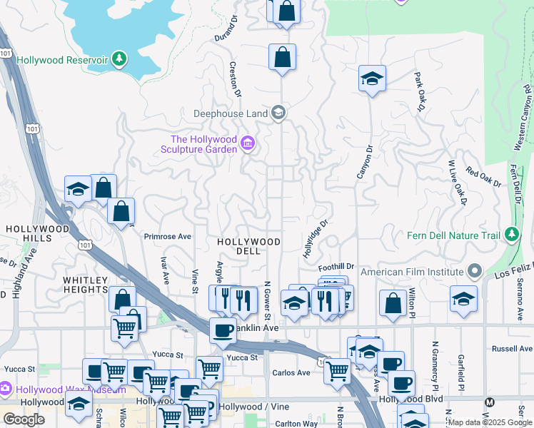 map of restaurants, bars, coffee shops, grocery stores, and more near 6147 Temple Hill Drive in Los Angeles