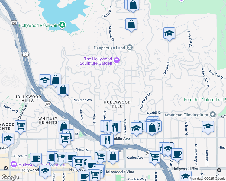 map of restaurants, bars, coffee shops, grocery stores, and more near 6190 Temple Hill Drive in Los Angeles