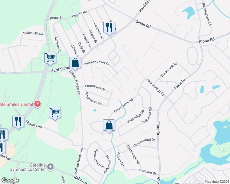 map of restaurants, bars, coffee shops, grocery stores, and more near 764 Farrowood Drive in Columbia