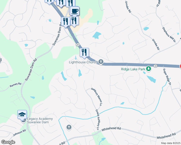 map of restaurants, bars, coffee shops, grocery stores, and more near 345 Varenna Lane Northeast in Sugar Hill
