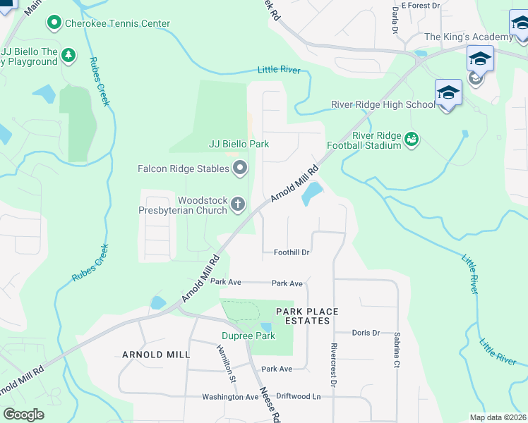 map of restaurants, bars, coffee shops, grocery stores, and more near 101 Little River Drive in Woodstock