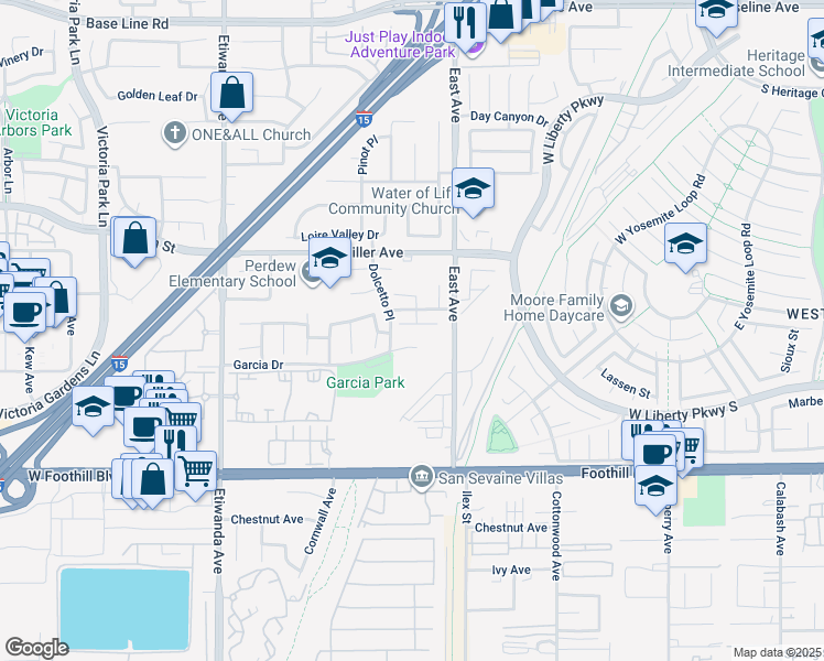 map of restaurants, bars, coffee shops, grocery stores, and more near 13229 Cortez Court in Rancho Cucamonga