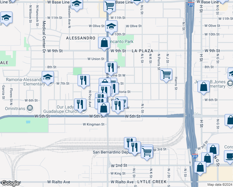 map of restaurants, bars, coffee shops, grocery stores, and more near 1253 West Victoria Street in San Bernardino