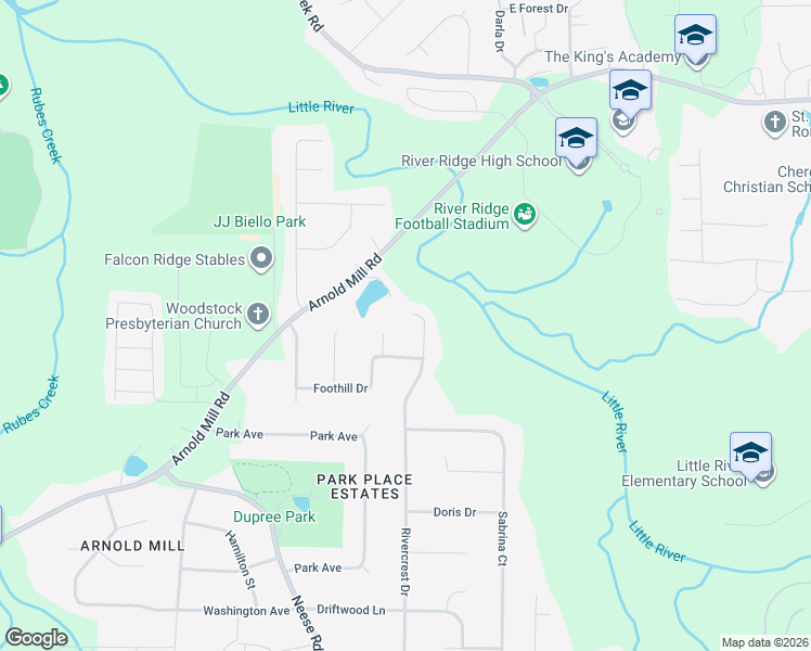 map of restaurants, bars, coffee shops, grocery stores, and more near 504 Rivercrest Drive in Woodstock