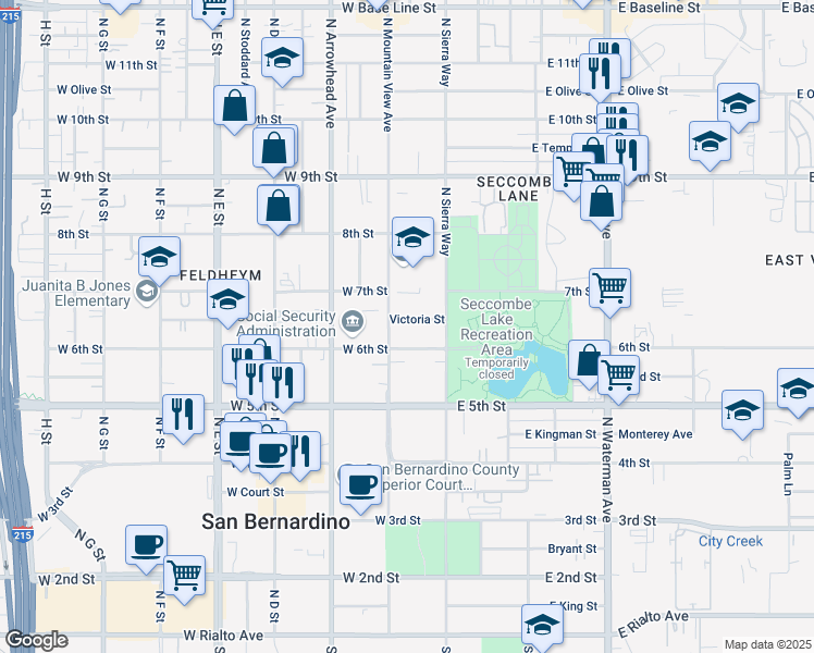 map of restaurants, bars, coffee shops, grocery stores, and more near 171 Victoria Street in San Bernardino