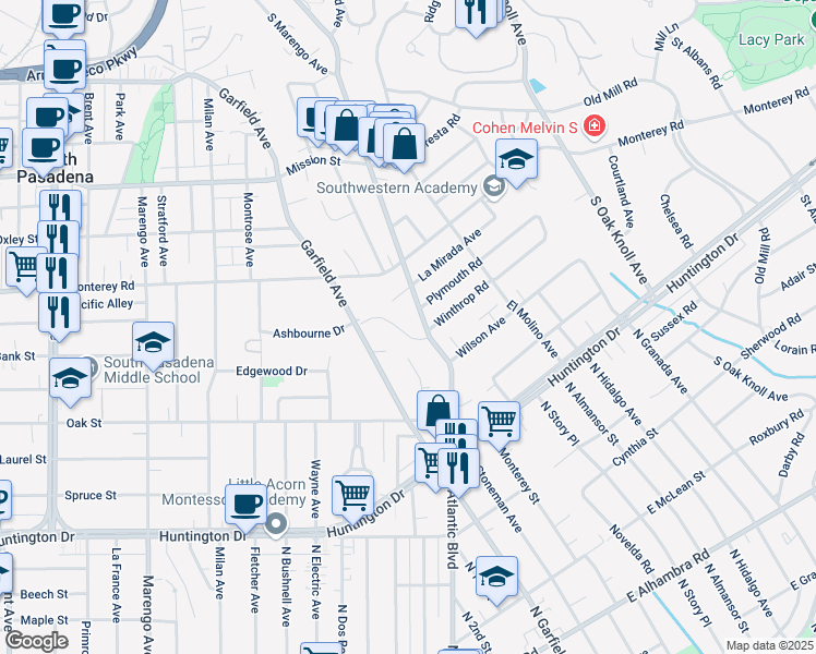 map of restaurants, bars, coffee shops, grocery stores, and more near 2226 Ashbourne Drive in San Marino