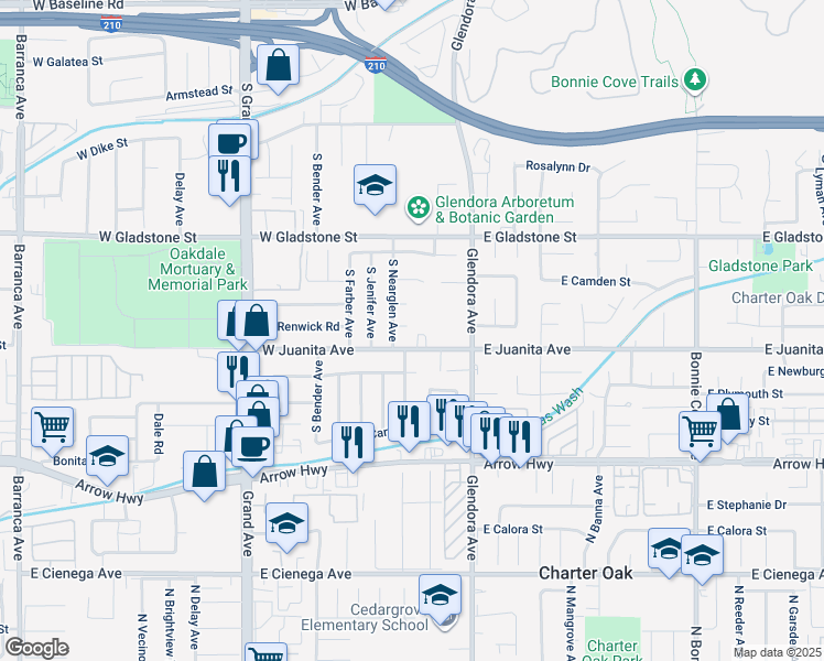 map of restaurants, bars, coffee shops, grocery stores, and more near 206 West Renwick Road in Glendora