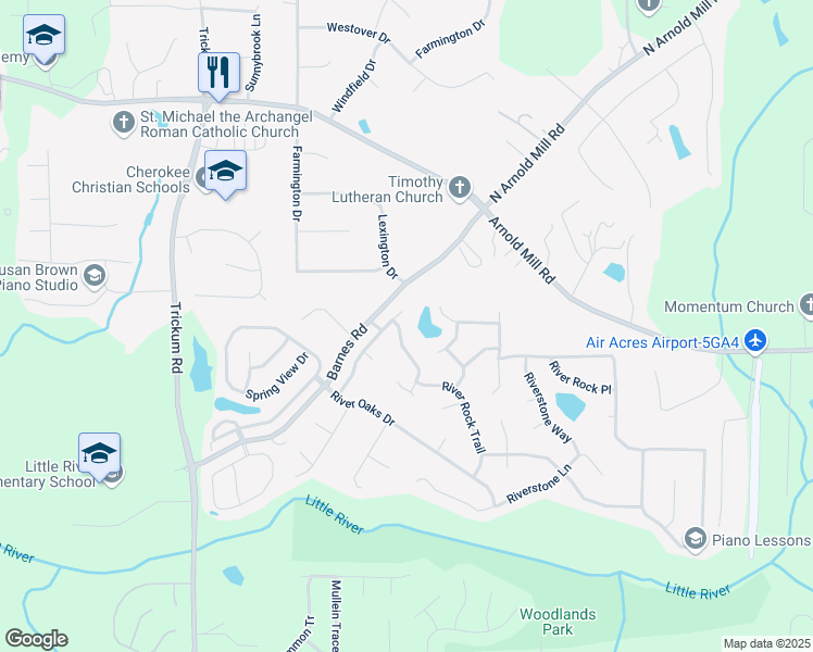 map of restaurants, bars, coffee shops, grocery stores, and more near 2301 River Station Terrace in Woodstock