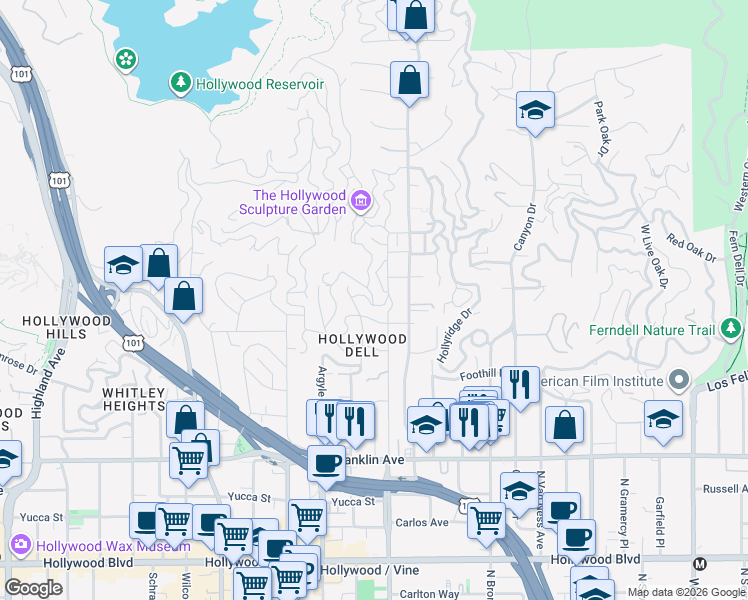 map of restaurants, bars, coffee shops, grocery stores, and more near Temple Hill Drive in Los Angeles