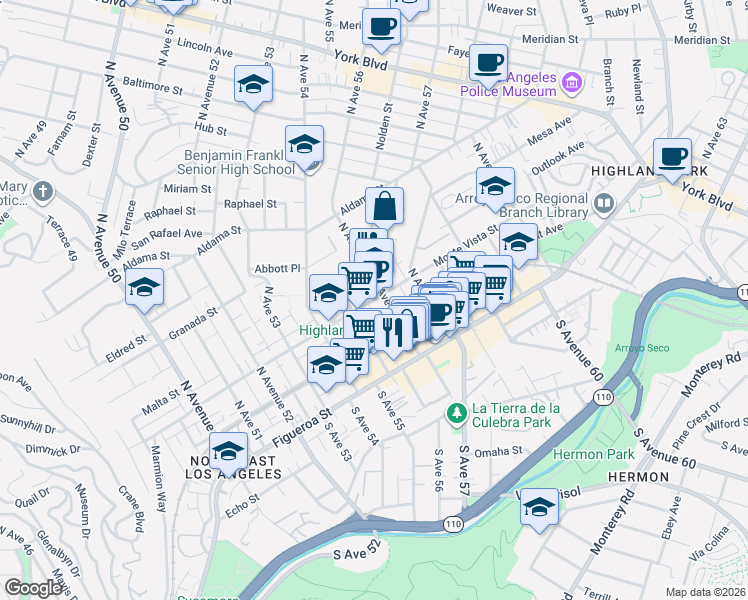 map of restaurants, bars, coffee shops, grocery stores, and more near Monte Vista Street in Los Angeles